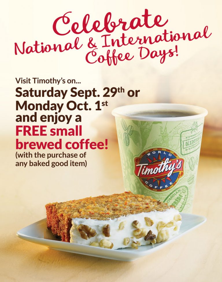 Timothy’s Café Canada FREE Coffee on National & International Coffee