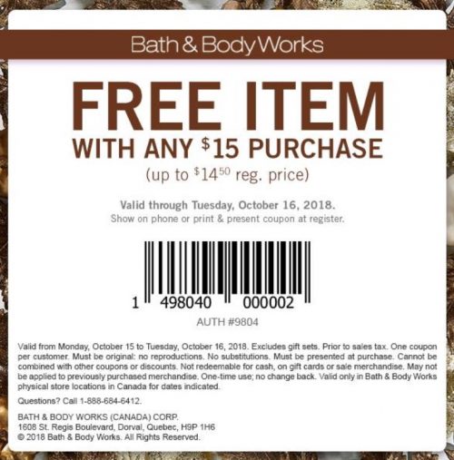Bath & Body Works Canada Coupon FREE Item (up to 14.50 Value) with Any 15 Purchase + More