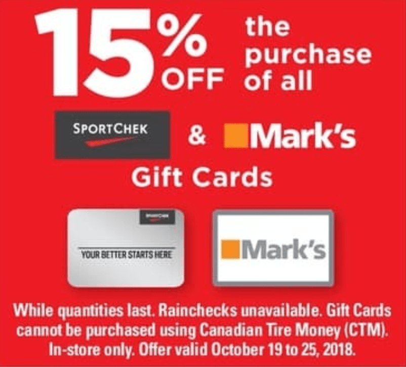 Canadian Tire Offer 15 Off Sport Chek & Mark's Gift Cards from October 19 to 25 Canadian