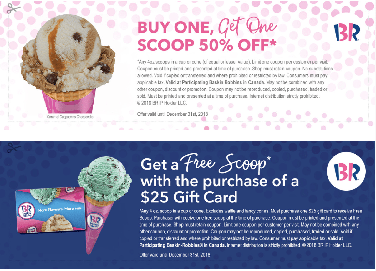 Baskin Robbins Canada Coupons for BOGO 50 Off Scoops + FREE Scoop with
