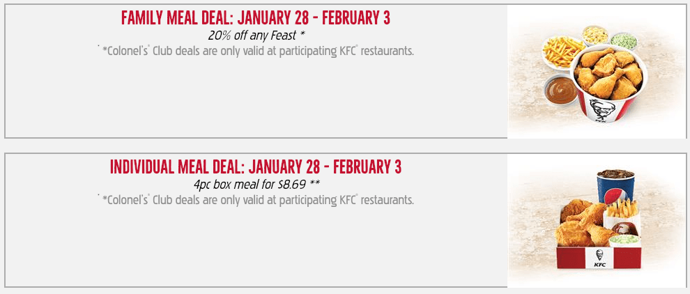 kfc canada colonels club weekly coupons 20 off any feast 4pc box