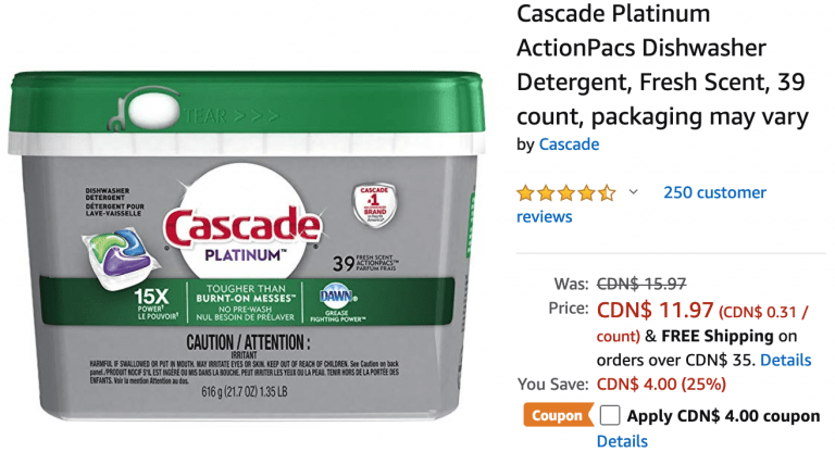 Amazon Canada Deals: Save 50% on Cascade Platinum ActionPacs Dishwasher ...