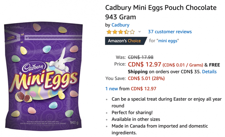 Amazon Canada Deals: Save 28% off Cadbury Mini Eggs Pouch Chocolate 943 ...