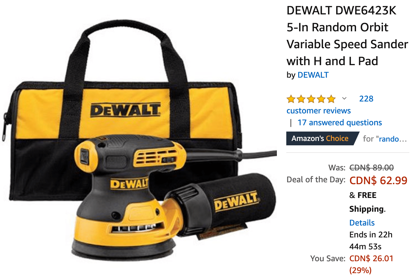 Amazon Canada Deals Of The Day Save 29 on DEWALT Random Orbit