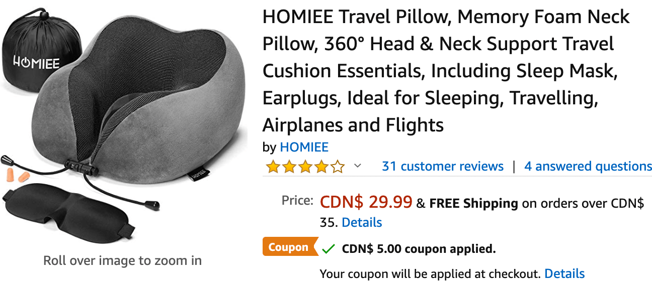 Amazon Canada Deals Get Homiee Neck Support Travel Pillow For