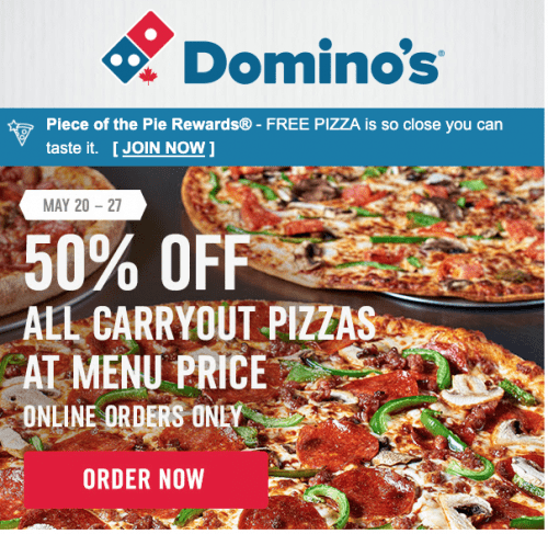 Domino's Pizza Canada Special Offer: Save 50% Off All Carryout Pizzas ...