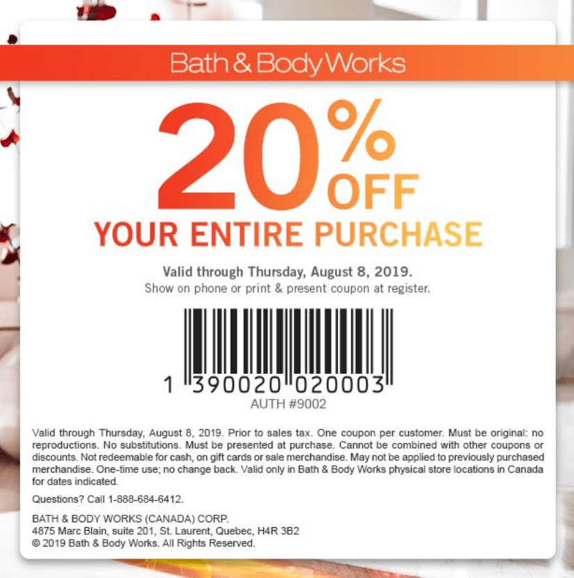 Bath Body Works Canada Coupons 20 Off Your Entire