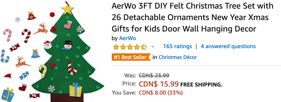 AerWo DIY Felt Christmas Tree Wall Hanging Kit For Kids - 3ft Tree With 26 Detachable Ornaments
