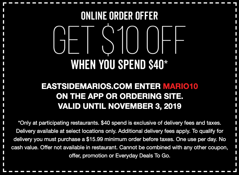 East Side Mario's Canada Promotions: Get $10 off When you Spend $40, with  Coupon - Canadian Freebies, Coupons, Deals, Bargains, Flyers, Contests  Canada Canadian Freebies, Coupons, Deals, Bargains, Flyers, Contests Canada