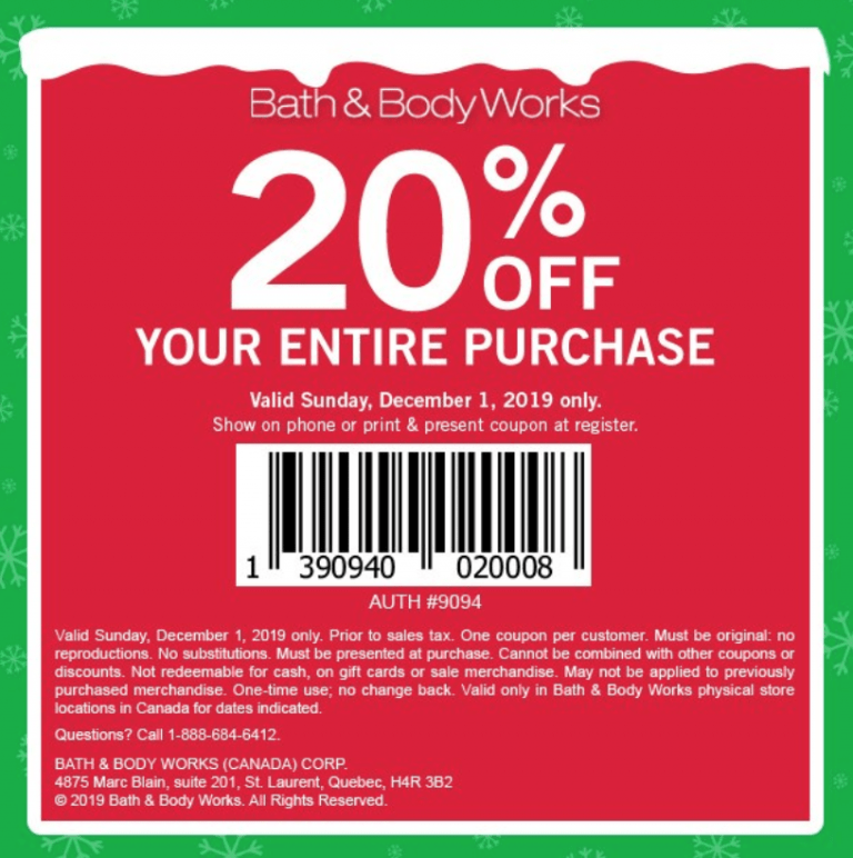 Bath & Body Works Canada Coupon Save 20 Off your Entire Purchase