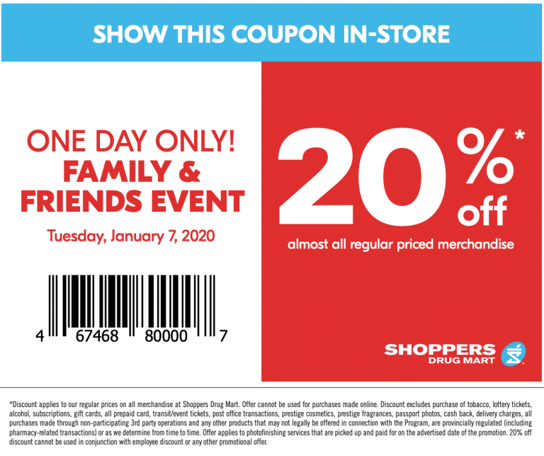 Shoppers Drug Mart Canada Family & Friends Event Save 20 Off on