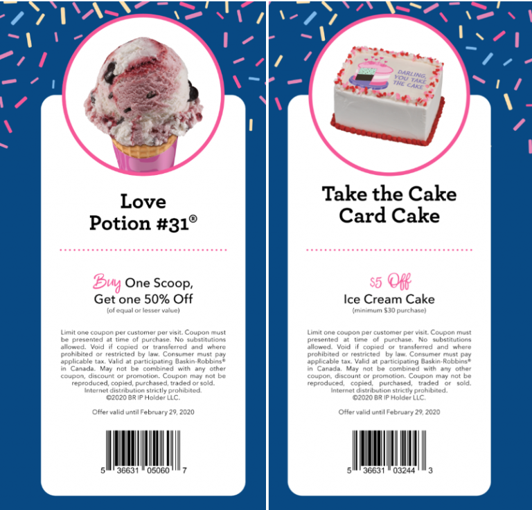 Baskin Robbins Canada Coupons BOGO 50 Off Scoops, 5 off Ice Cream Cake Canadian Freebies