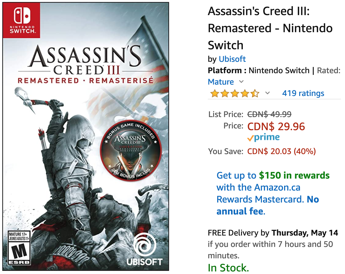 assassin's creed 3 switch amazon