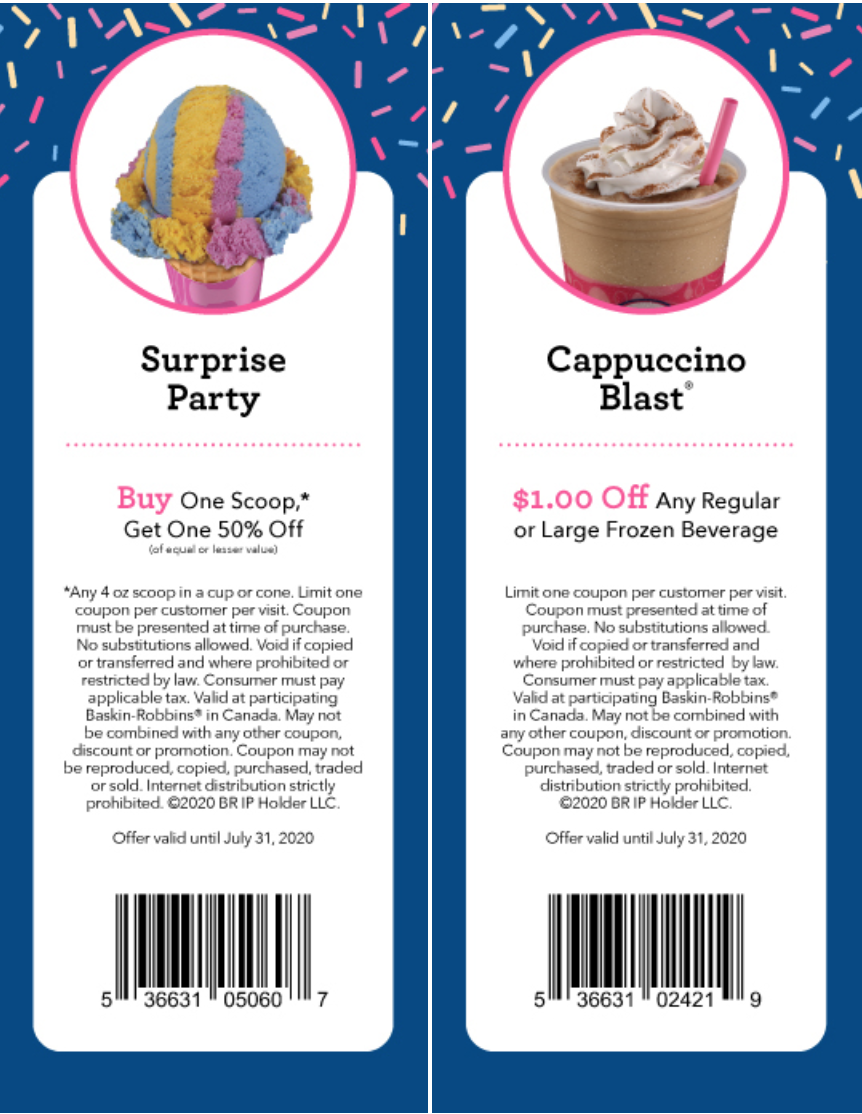 Baskin Robbins Canada New Coupons: BOGO 50% Off Scoops   $2 off Medium