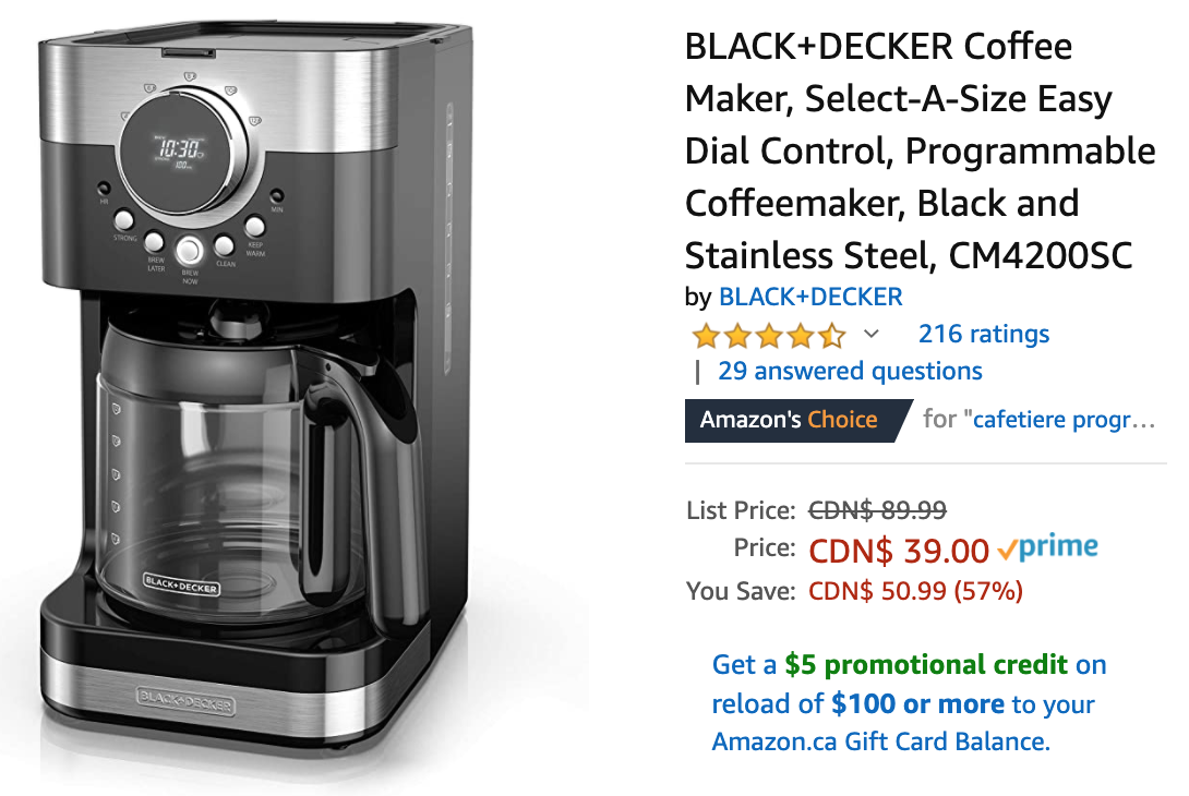 Amazon Canada Deals Save 57 on BLACK DECKER Coffee Maker 53