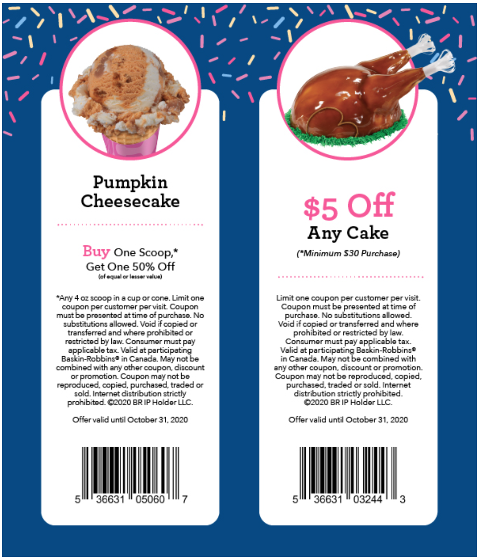 Baskin Robbins Canada New Coupons: BOGO 50% Off Scoops   $5 off any