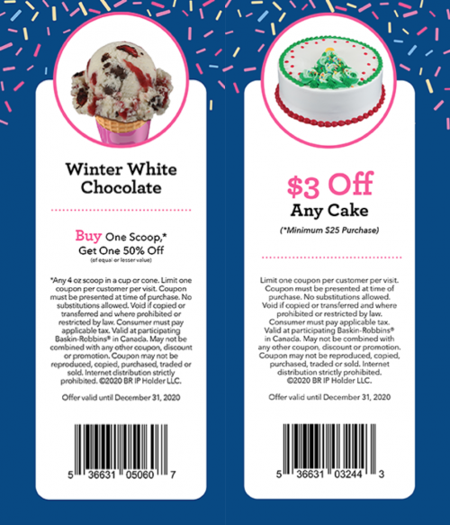 Baskin Robbins Canada Coupons BOGO 50 Off Scoops, Save 3.00 off Any