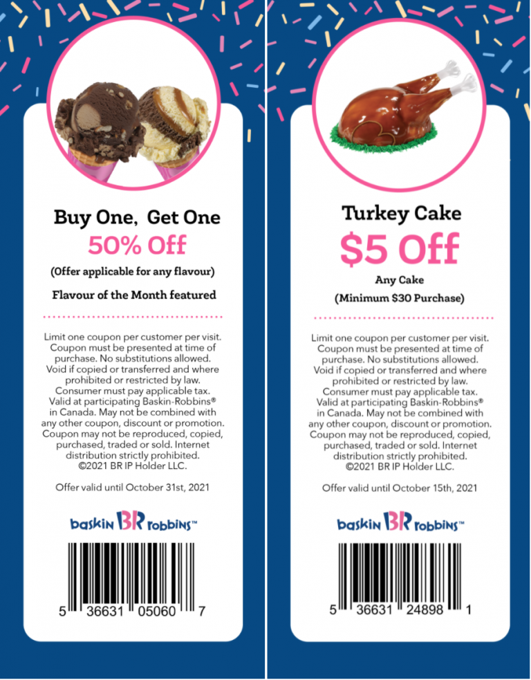 Baskin Robbins Canada New Coupons BOGO 50 Off Scoops + 5 off Turkey