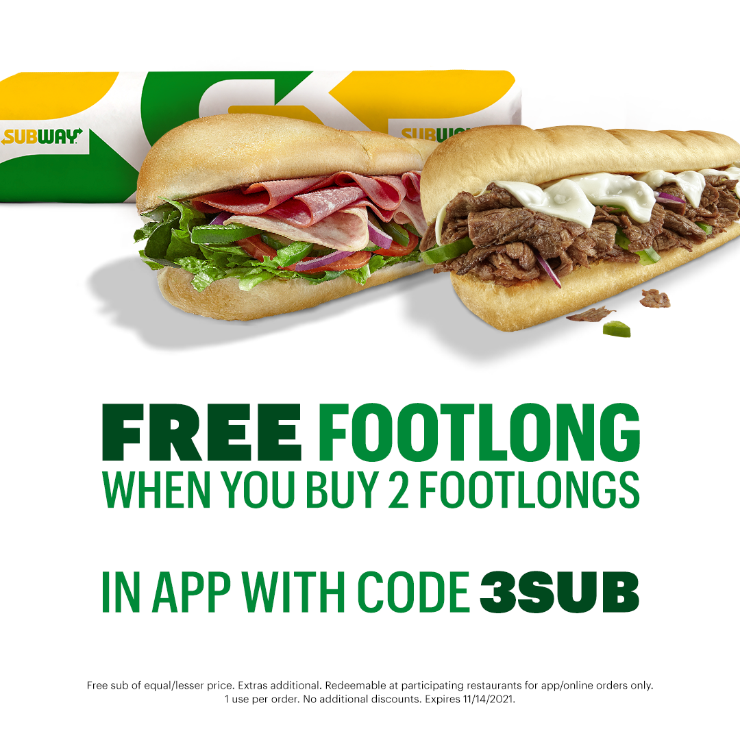 Subway Canada Promos FREE Footlong with Purchase + Any Footlong for 7