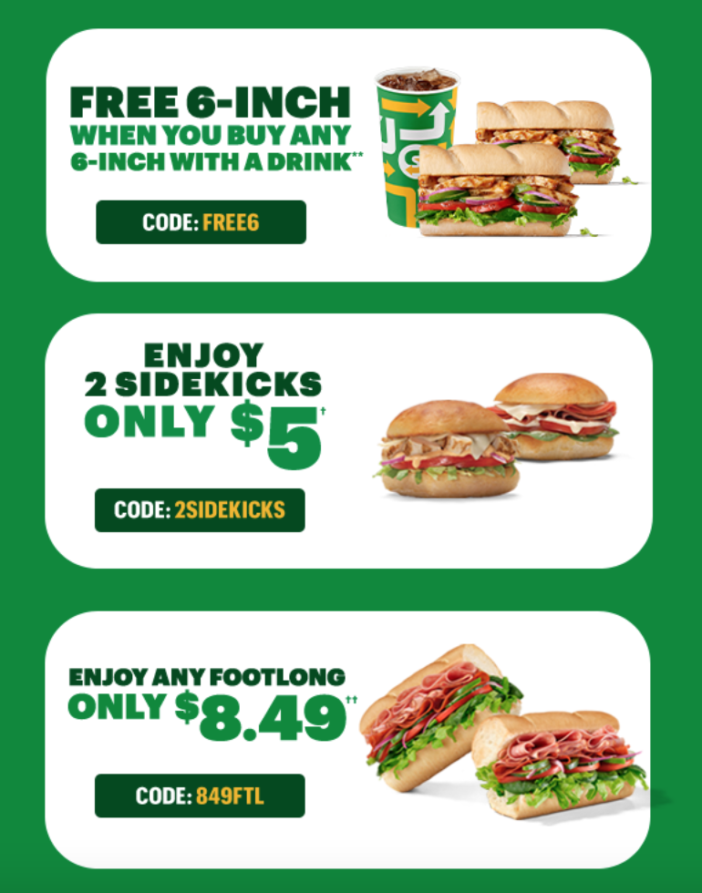 Subway Canada Promos FREE 6" With Purchase + 8.49 Footlong + More