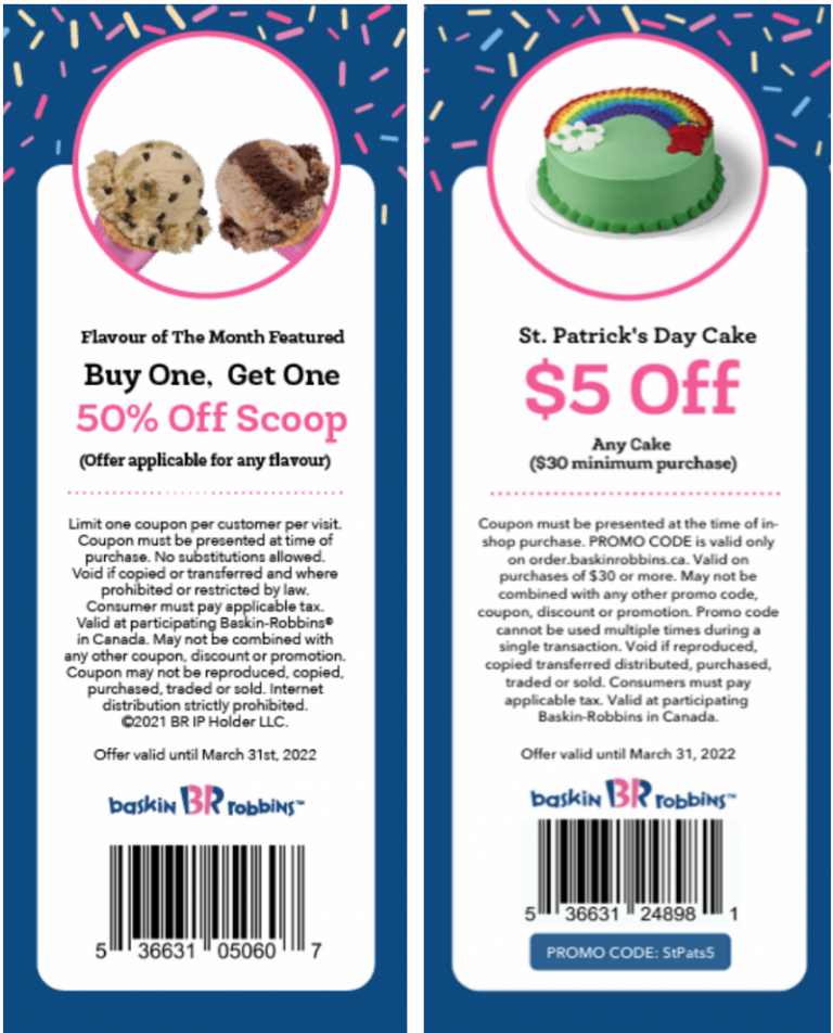Baskin Robbins Canada New Coupons BOGO 50 Off Scoops + 5 off Turkey Cake Canadian Freebies
