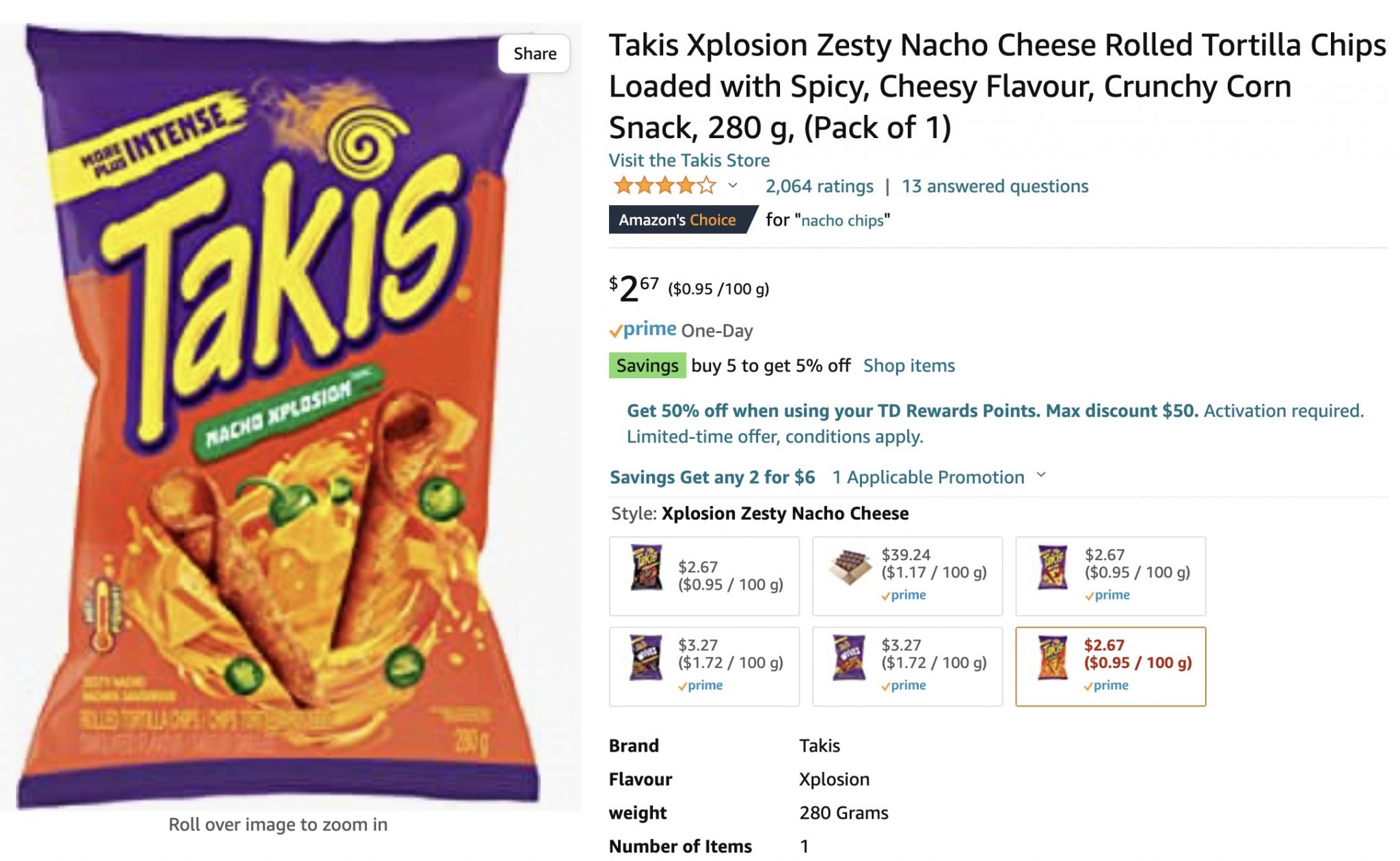Amazon.ca Takis Xplosion Zesty Nacho Cheese Rolled Tortilla Chips 280g
