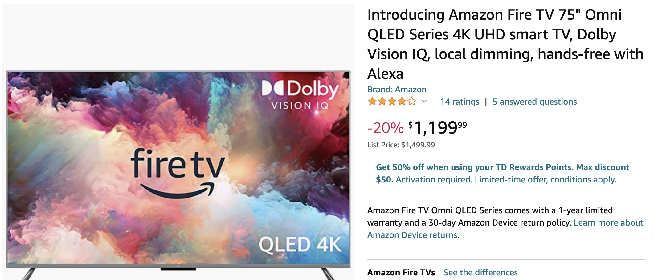 Fire TV 75 Omni Series 4K UHD Smart TV with Dolby Vision, Hands-Free with Alexa