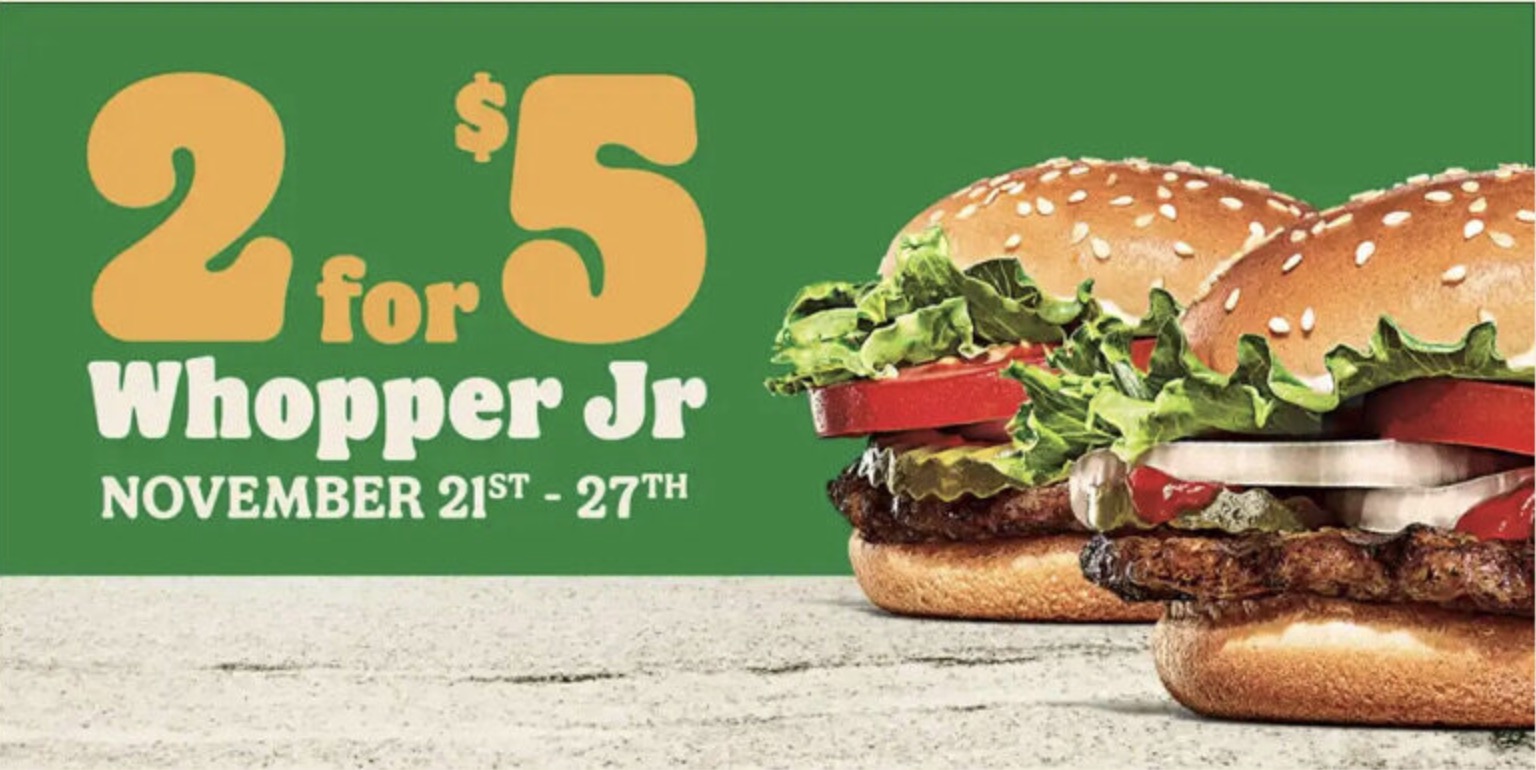 Burger King Canada Black Friday Promotion Deal: Whopper Jr. 2 for $5 -  Canadian Freebies, Coupons, Deals, Bargains, Flyers, Contests Canada  Canadian Freebies, Coupons, Deals, Bargains, Flyers, Contests Canada