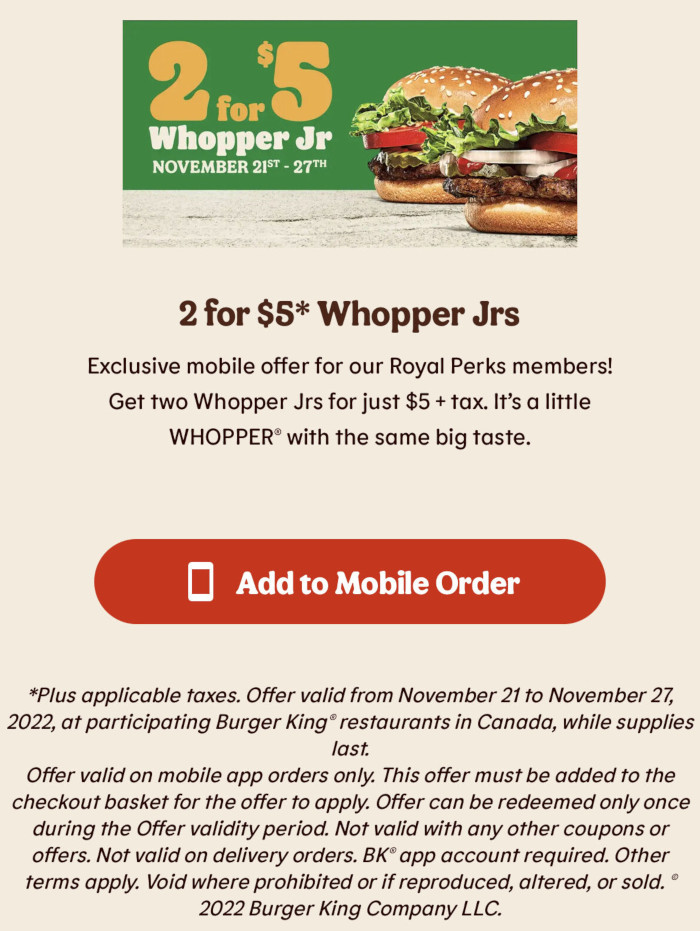 Burger King Canada Black Friday Promotion Deal Whopper Jr. 2 for 5