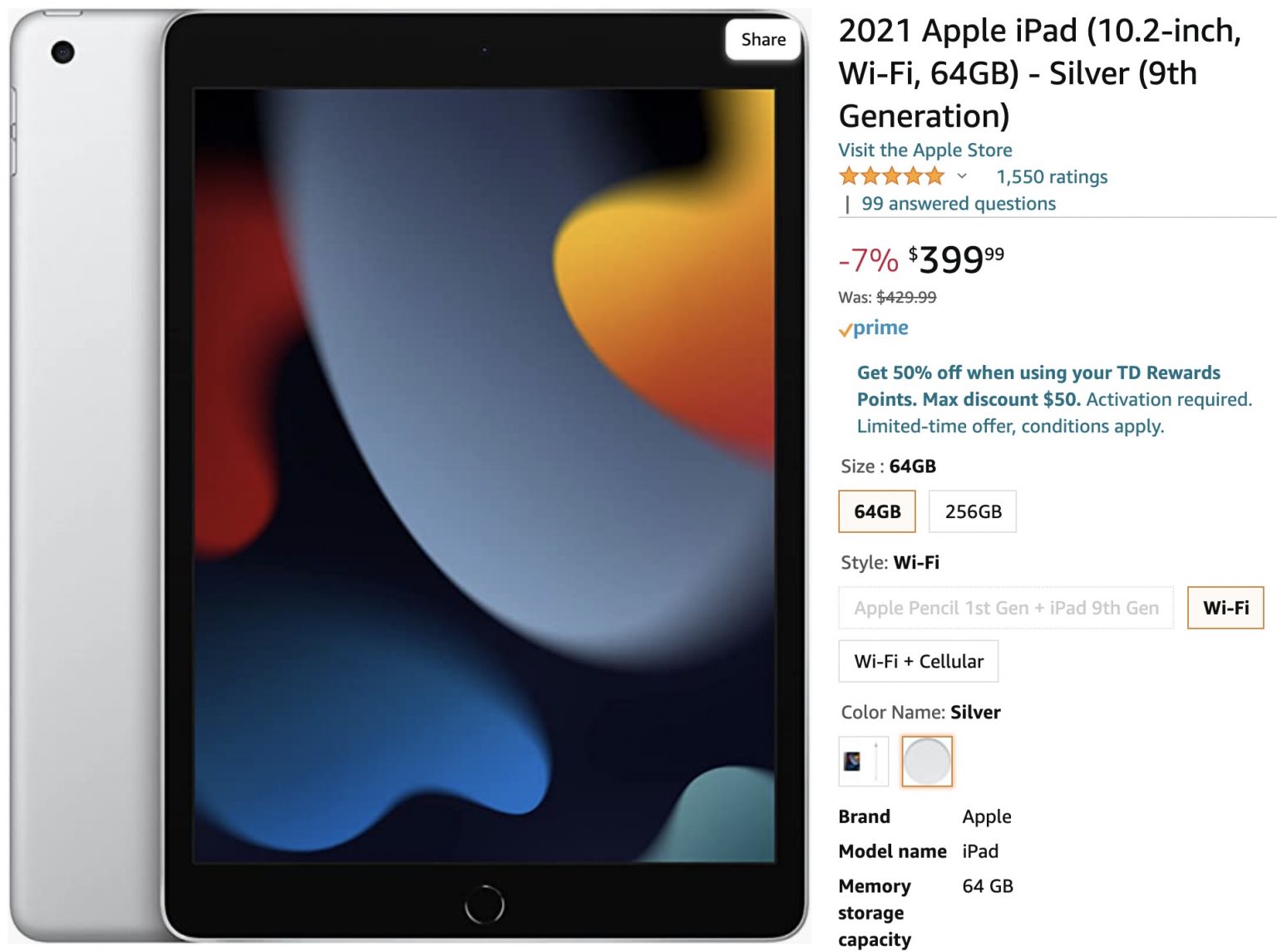 Apple iPad 9th Gen 10.2" 64GB (2021) 399.99 at Amazon.ca & The Source