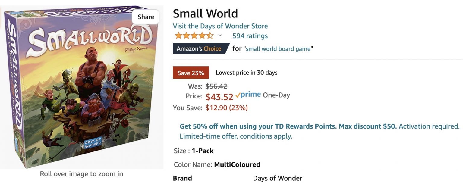 Amazon.ca Small World Board Game 43.52 Reg. 56.42 Canadian