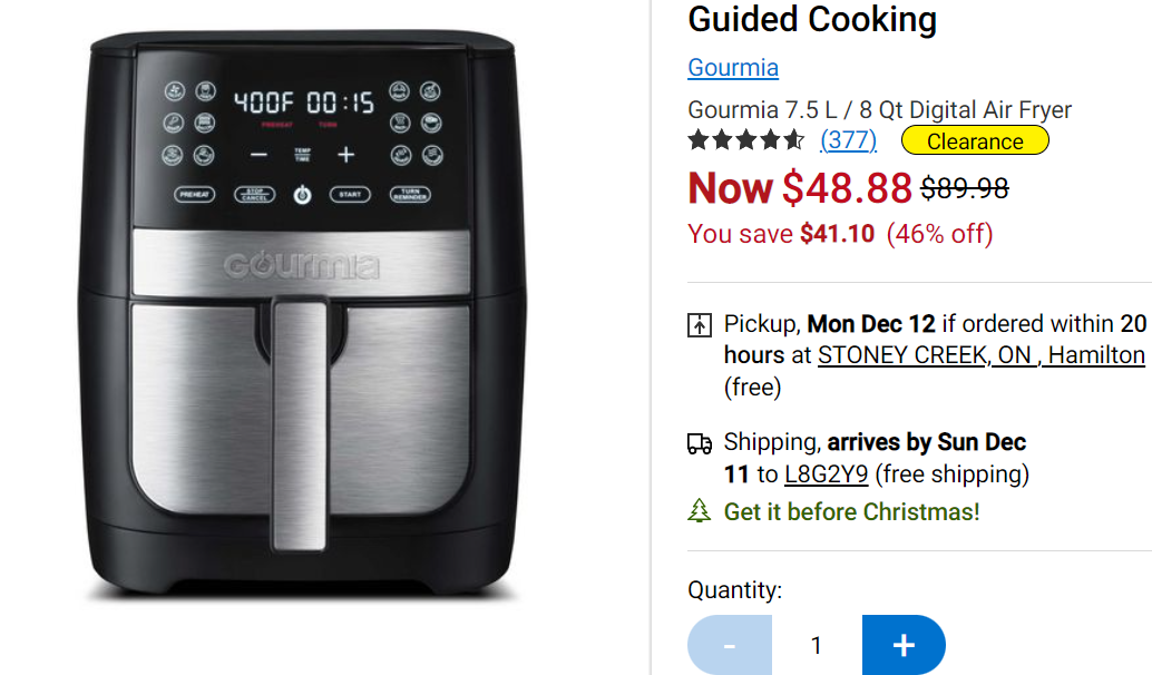 Gourmia 8 Qt Digital Air Fryer with 12-One Touch Presets, Stainless