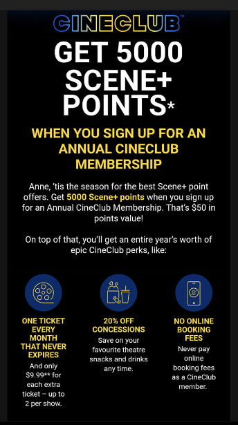 Cineplex Canada: Get 5,000 Scene+ Points When You Sign Up For An Annual  CineClub Membership *Check Your Emails!* - Canadian Freebies, Coupons, Deals,  Bargains, Flyers, Contests Canada Canadian Freebies, Coupons, Deals,  Bargains