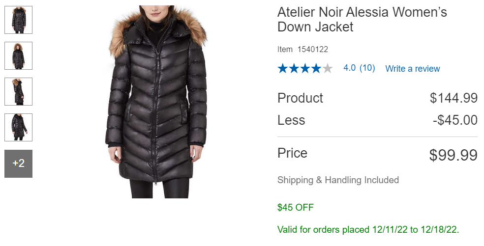 Costco.ca: Atelier Noir Alessia Women's Down Jacket $99.99 (Was
