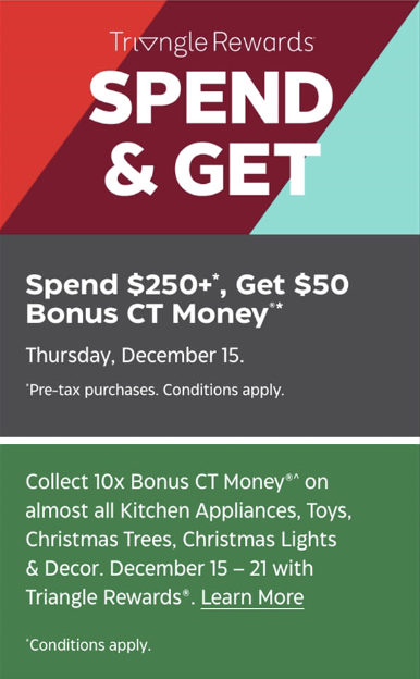 Canadian Tire: Get $50 Bonus CT Money When You Spend $250+ December 15th  Only + 10x on Kitchen, Toys, and Christmas Until December 21st - Canadian  Freebies, Coupons, Deals, Bargains, Flyers, Contests