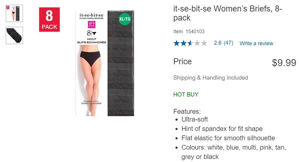 Costca.ca: it-se-bit-se Women's Briefs 8-pack $9.99 + Free