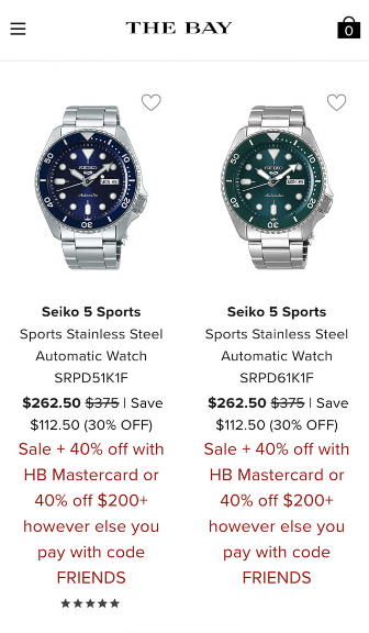 The Bay Canada: Seiko 5 Sports Watches 30% Off, + Additional 40% Off With  HB Mastercard or Promo Code - Canadian Freebies, Coupons, Deals, Bargains,  Flyers, Contests Canada Canadian Freebies, Coupons, Deals, Bargains,  Flyers, Contests Canada