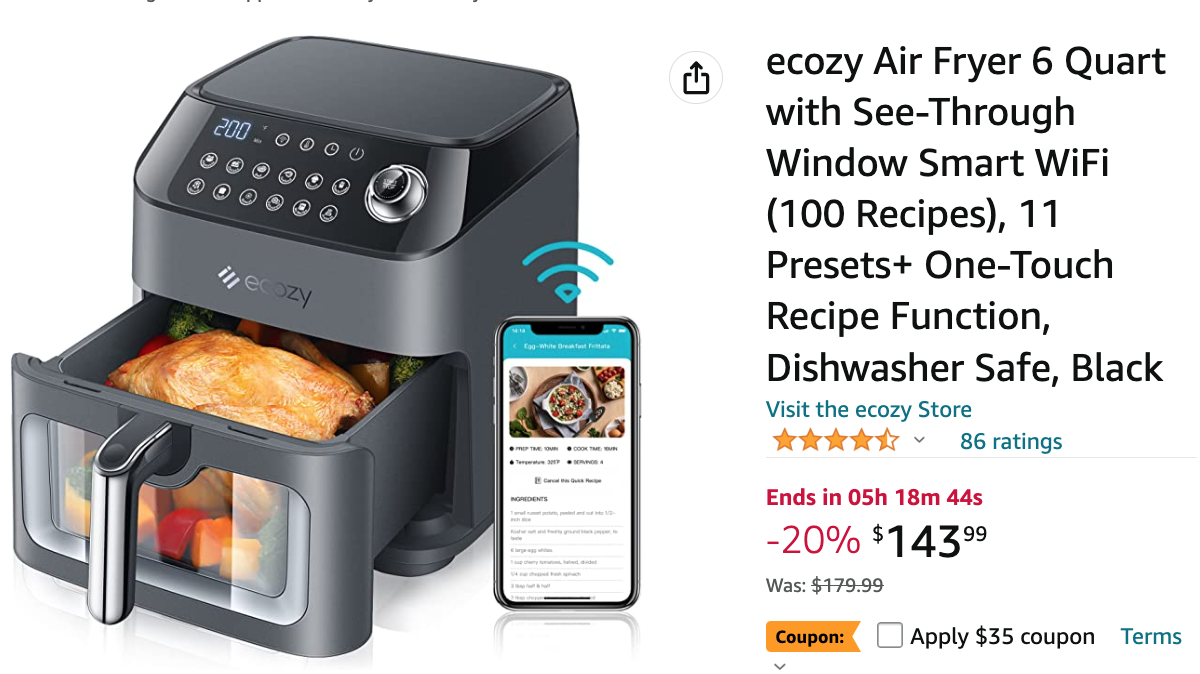 ecozy Air Fryer 6 Quart with Smart WiFi, See-Through Window, 11