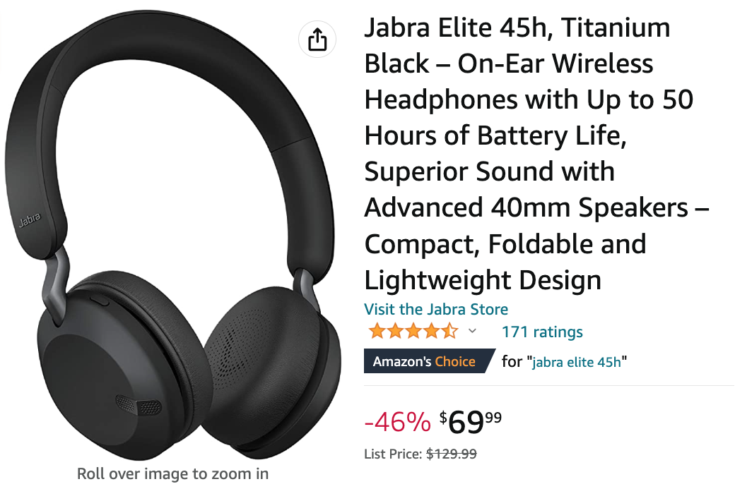 Jabra Elite 45h - Compact On-Ear Wireless Headphones with 50-Hours