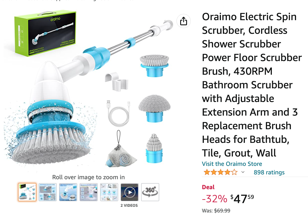 Oraimo Electric Spin Scrubber, Electric Bathroom Scrubber, 430RPM Cordless  Shower Scrubber with Adjustable Extension Arm for Bathroom, 4 Replaceable