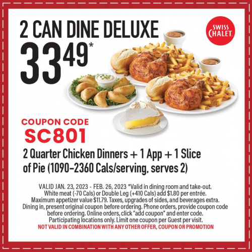 Swiss Chalet Canada New Coupons Get Lunch Deal For 11 49 2 Can Dine   Swiss Chalet Canada New Coupon 2 Can Dine Deluxe For 33.49 500x499 