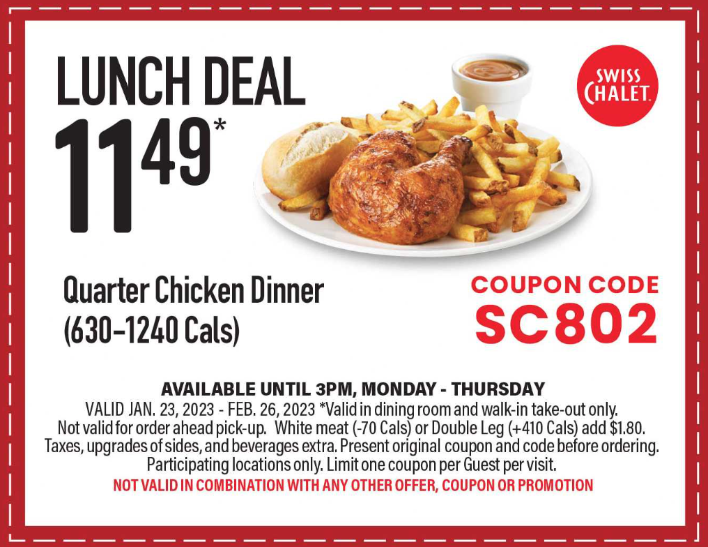 Swiss Chalet Canada New Coupon Lunch Deal 