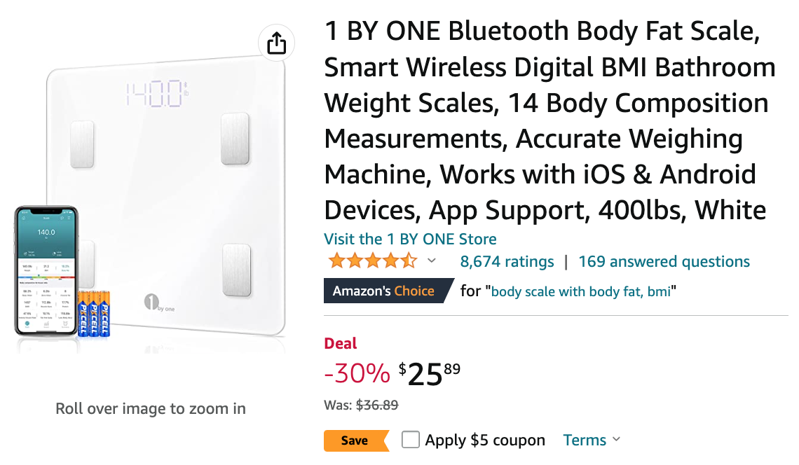 1byone Bluetooth Body Fat Scale with IOS and Android App