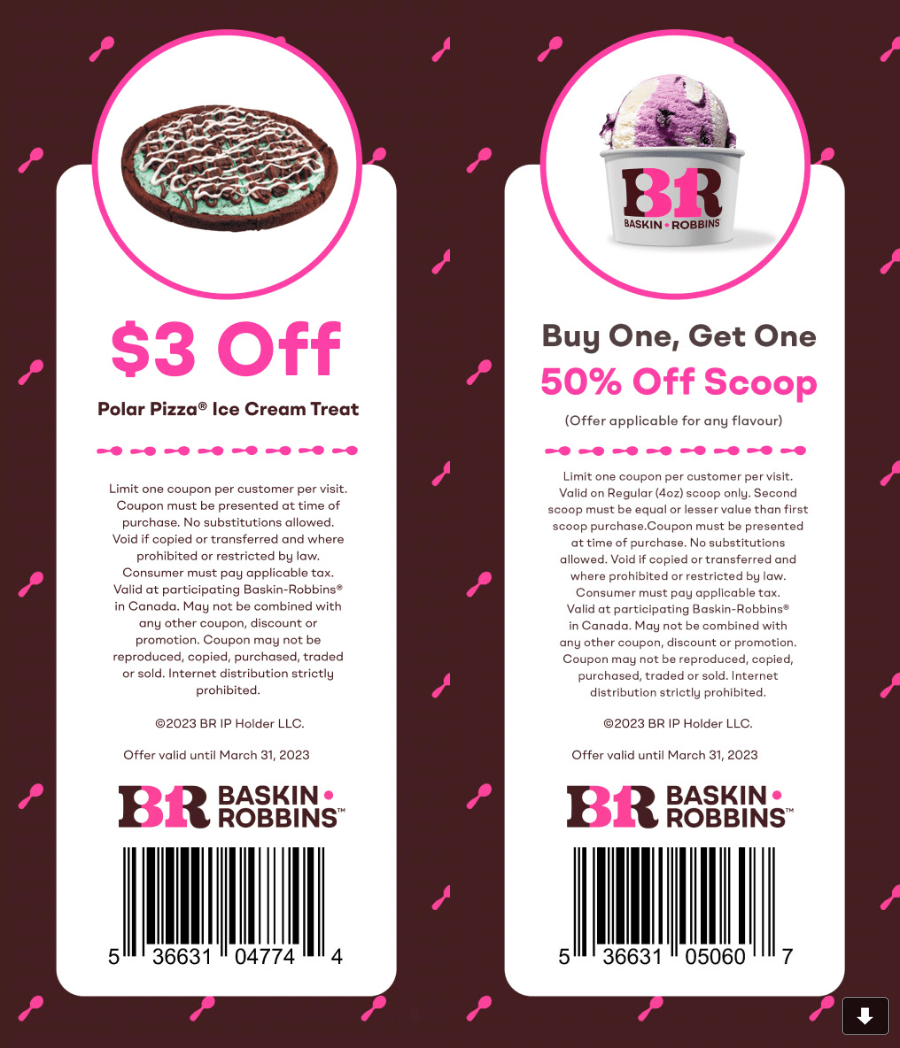 Baskin Robbins Canada New Coupons BOGO 50 Off Scoops + 3 off Polar