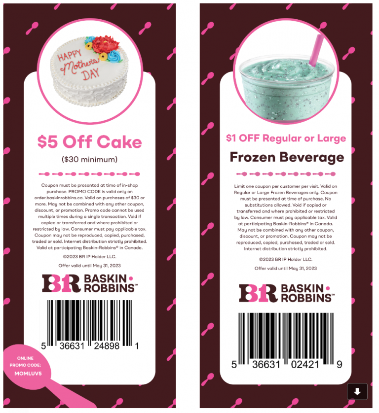 Baskin Robbins Canada New Coupons 5 off Cake + 1 off Frozen Beverage