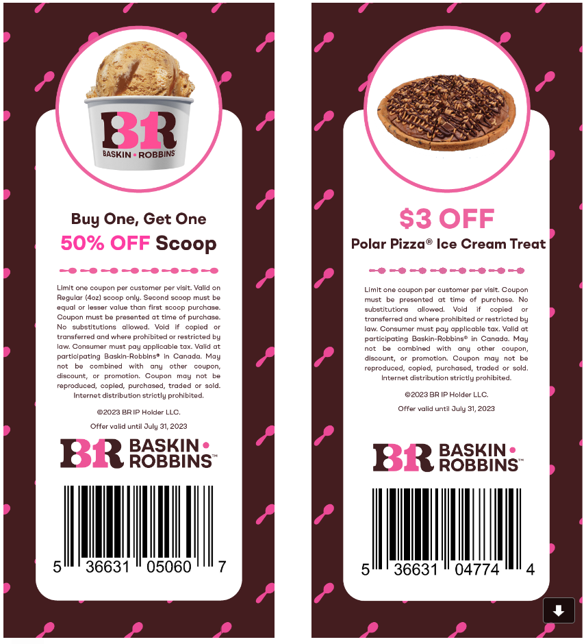 Baskin Robbins Canada New Coupons: BOGO 50% Off Scoops + $3 off Polar ...