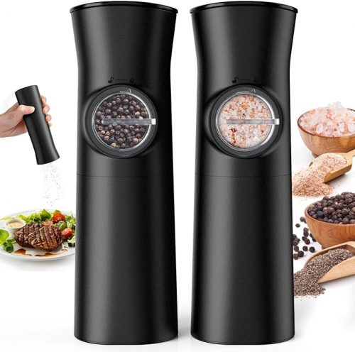 July Home Gravity Electric Salt and Pepper Grinder Set - Battery Operated, Adjustable Coarseness, One Hand Operation Electric Pepper Grinder with LED