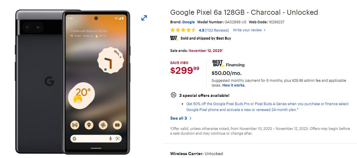 Best Buy Canada Pre Black Friday Offers: Google Pixel 6a 128GB