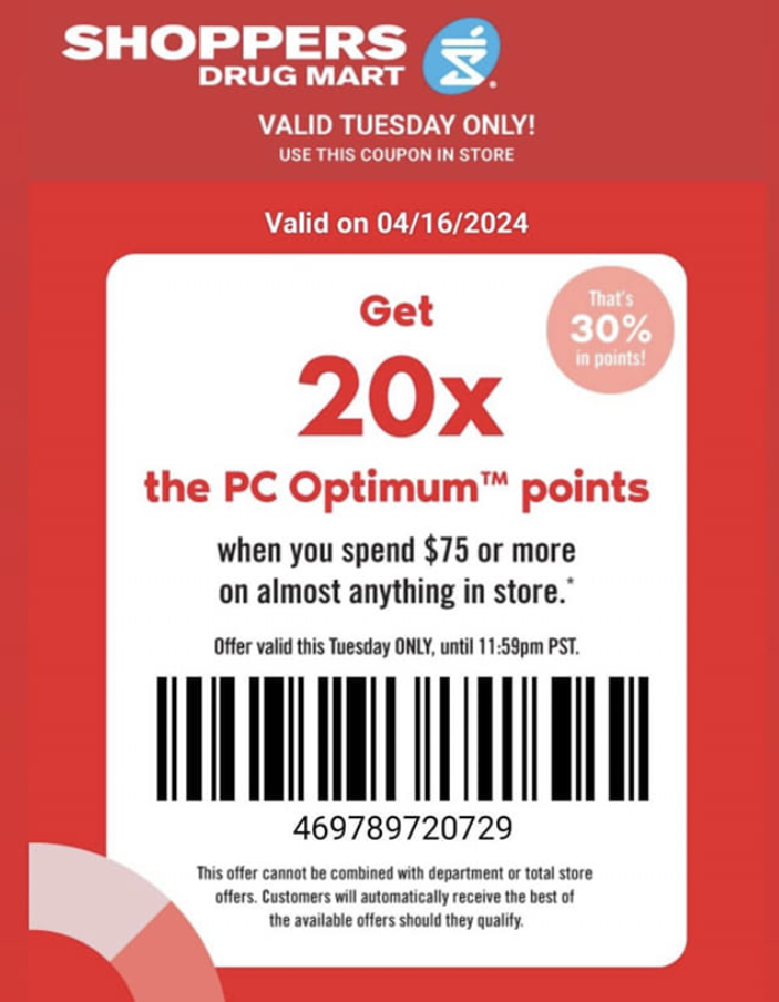 Shoppers Drug Mart Canada Tuesday Text Offer: Get 20x The PC Optimum ...