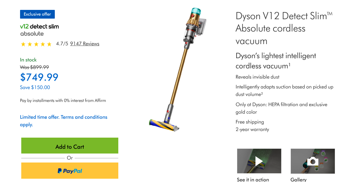 Dyson Canada: V12 Detect Slim Absolute Cordless Vacuum $749.99 + Outlet ...